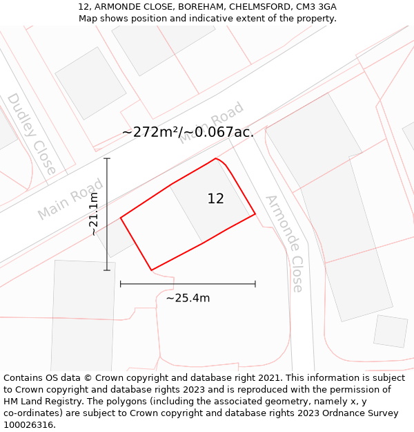 12, ARMONDE CLOSE, BOREHAM, CHELMSFORD, CM3 3GA: Plot and title map