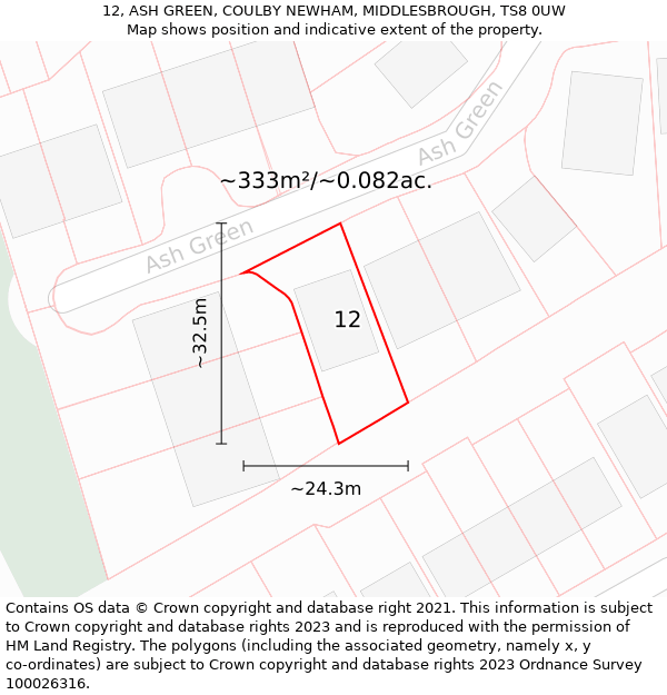 12, ASH GREEN, COULBY NEWHAM, MIDDLESBROUGH, TS8 0UW: Plot and title map