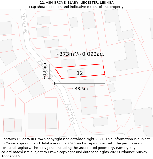 12, ASH GROVE, BLABY, LEICESTER, LE8 4GA: Plot and title map