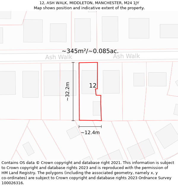 12, ASH WALK, MIDDLETON, MANCHESTER, M24 1JY: Plot and title map