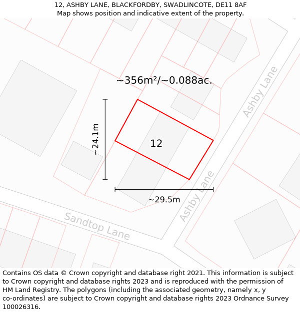 12, ASHBY LANE, BLACKFORDBY, SWADLINCOTE, DE11 8AF: Plot and title map