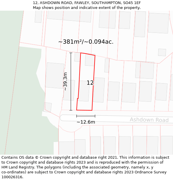 12, ASHDOWN ROAD, FAWLEY, SOUTHAMPTON, SO45 1EF: Plot and title map