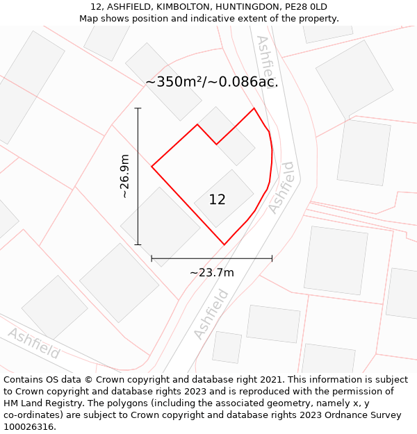 12, ASHFIELD, KIMBOLTON, HUNTINGDON, PE28 0LD: Plot and title map