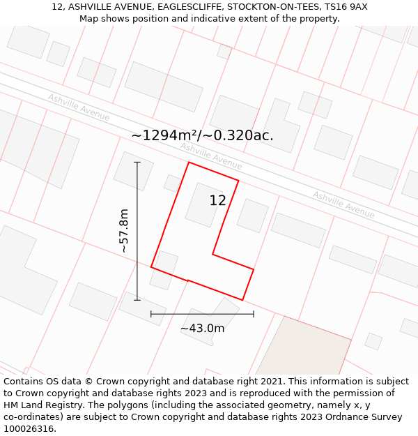 12, ASHVILLE AVENUE, EAGLESCLIFFE, STOCKTON-ON-TEES, TS16 9AX: Plot and title map