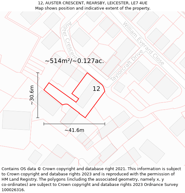 12, AUSTER CRESCENT, REARSBY, LEICESTER, LE7 4UE: Plot and title map