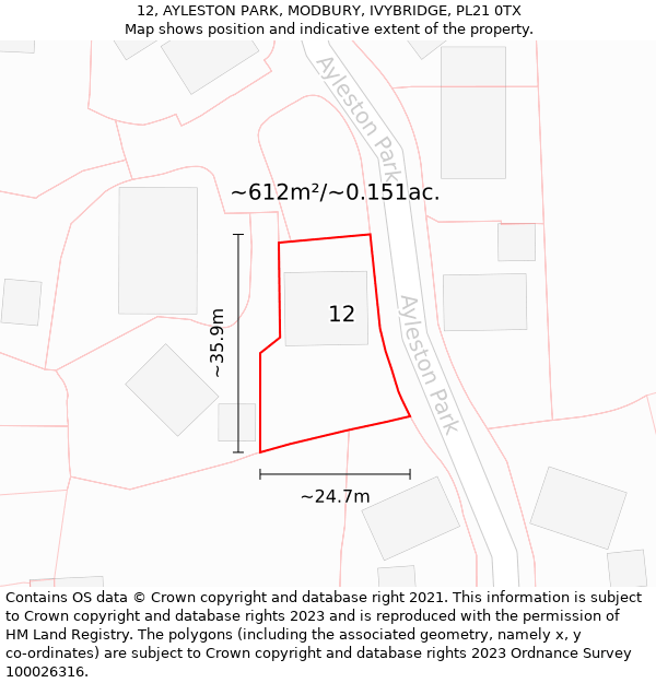 12, AYLESTON PARK, MODBURY, IVYBRIDGE, PL21 0TX: Plot and title map