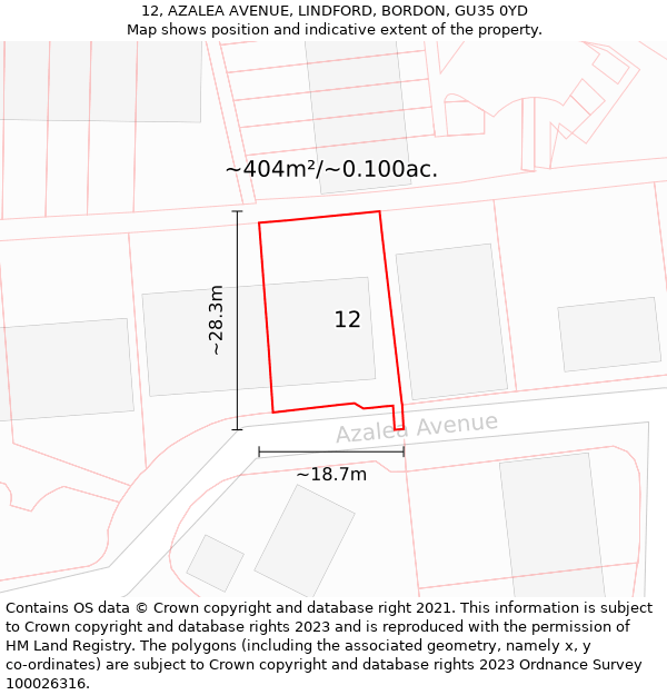 12, AZALEA AVENUE, LINDFORD, BORDON, GU35 0YD: Plot and title map