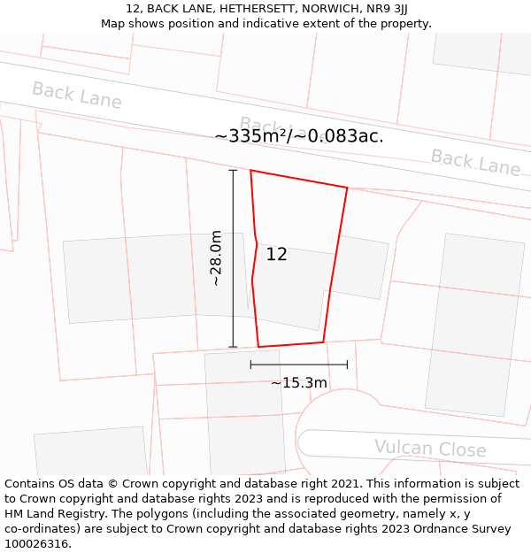 12, BACK LANE, HETHERSETT, NORWICH, NR9 3JJ: Plot and title map