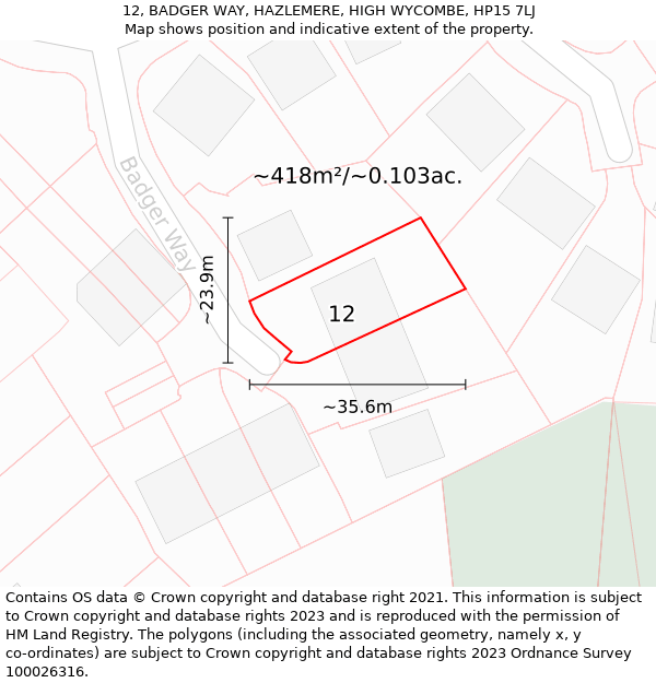 12, BADGER WAY, HAZLEMERE, HIGH WYCOMBE, HP15 7LJ: Plot and title map