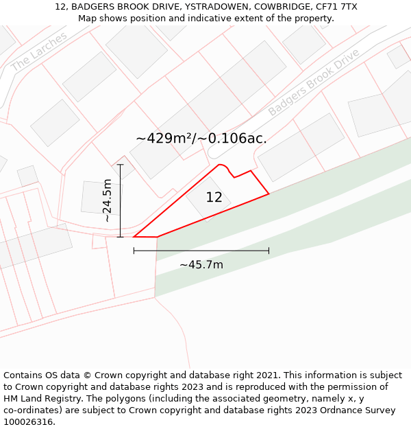 12, BADGERS BROOK DRIVE, YSTRADOWEN, COWBRIDGE, CF71 7TX: Plot and title map