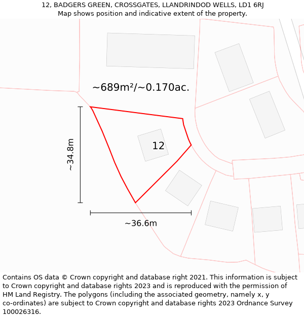 12, BADGERS GREEN, CROSSGATES, LLANDRINDOD WELLS, LD1 6RJ: Plot and title map