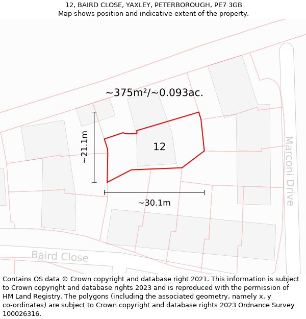 12, BAIRD CLOSE, YAXLEY, PETERBOROUGH, PE7 3GB: Plot and title map