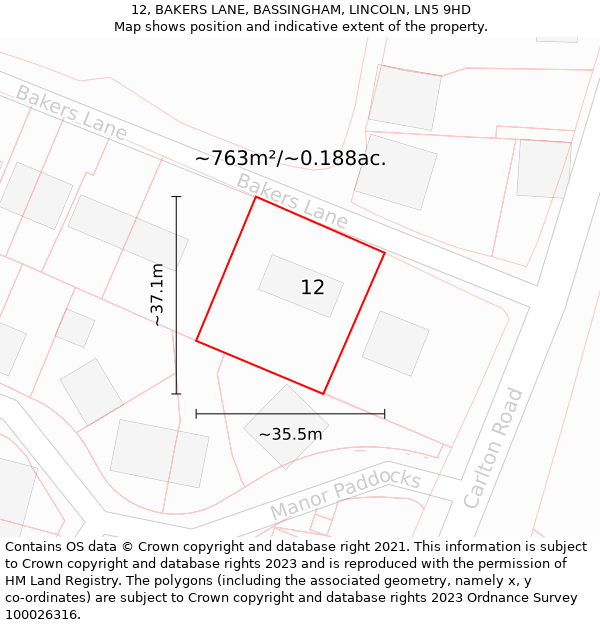 12, BAKERS LANE, BASSINGHAM, LINCOLN, LN5 9HD: Plot and title map