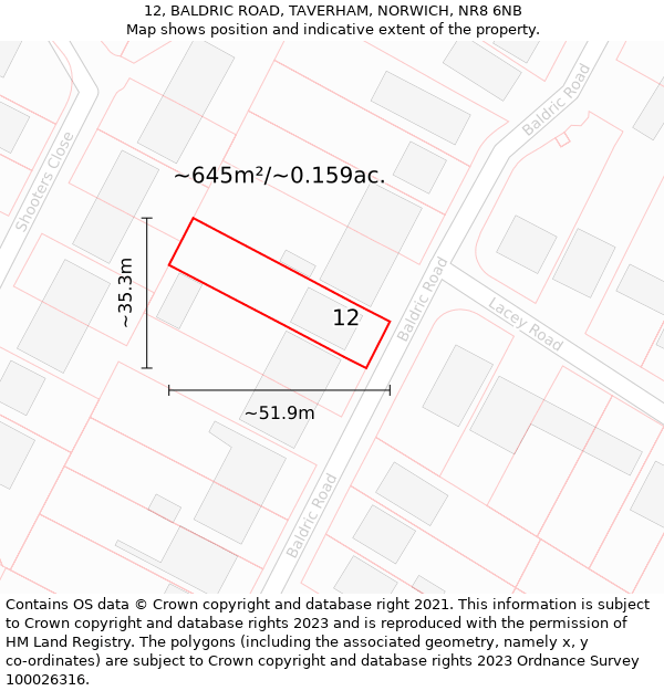 12, BALDRIC ROAD, TAVERHAM, NORWICH, NR8 6NB: Plot and title map