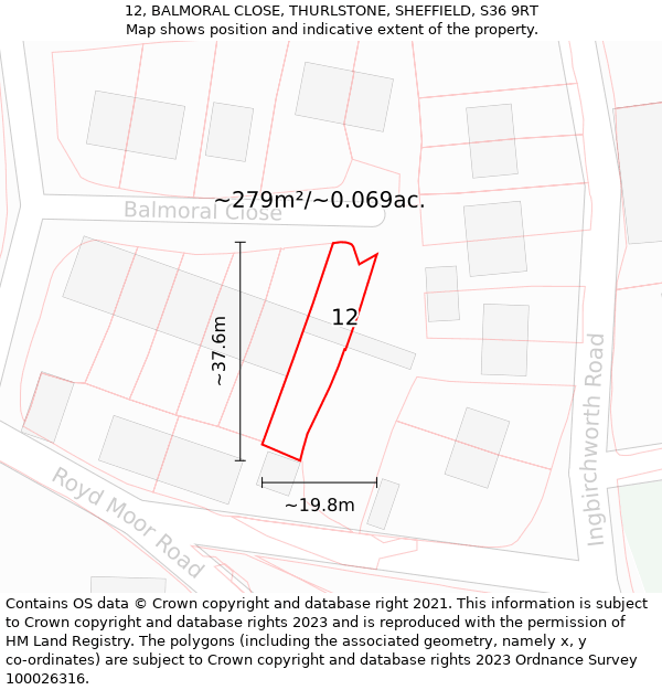 12, BALMORAL CLOSE, THURLSTONE, SHEFFIELD, S36 9RT: Plot and title map