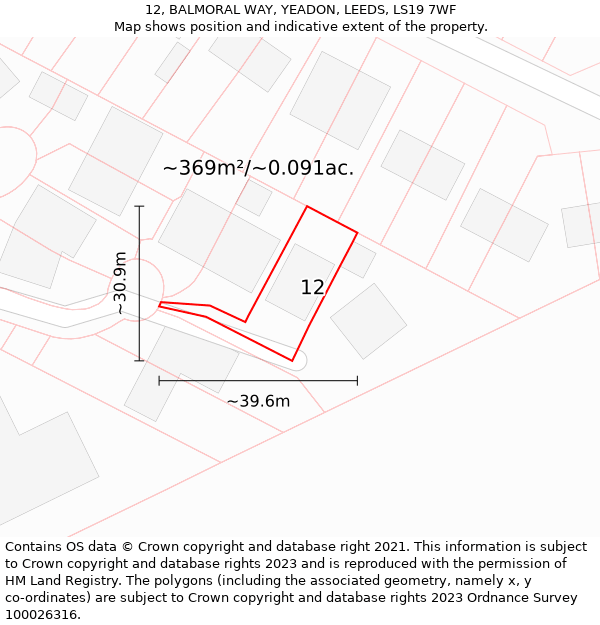 12, BALMORAL WAY, YEADON, LEEDS, LS19 7WF: Plot and title map