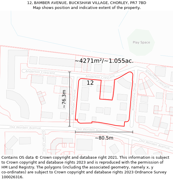 12, BAMBER AVENUE, BUCKSHAW VILLAGE, CHORLEY, PR7 7BD: Plot and title map