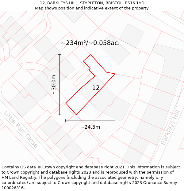 12, BARKLEYS HILL, STAPLETON, BRISTOL, BS16 1AD: Plot and title map