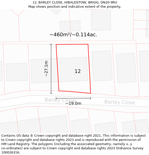 12, BARLEY CLOSE, HIBALDSTOW, BRIGG, DN20 9RU: Plot and title map