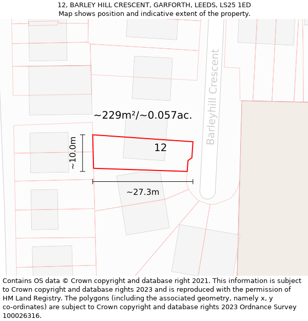 12, BARLEY HILL CRESCENT, GARFORTH, LEEDS, LS25 1ED: Plot and title map