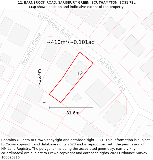 12, BARNBROOK ROAD, SARISBURY GREEN, SOUTHAMPTON, SO31 7BL: Plot and title map