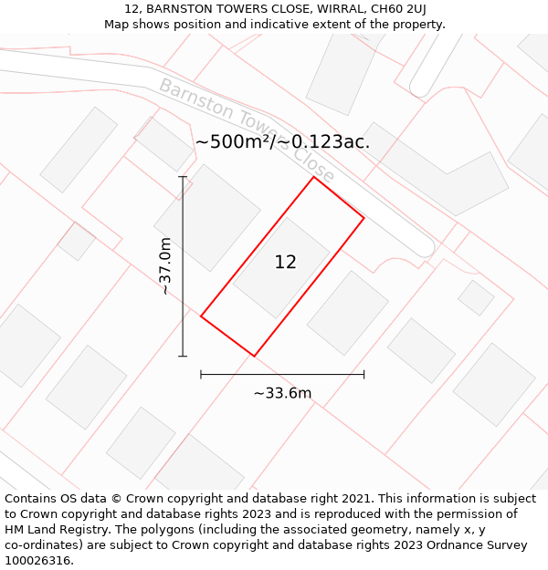 12, BARNSTON TOWERS CLOSE, WIRRAL, CH60 2UJ: Plot and title map