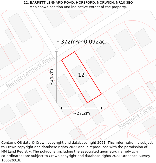 12, BARRETT LENNARD ROAD, HORSFORD, NORWICH, NR10 3EQ: Plot and title map