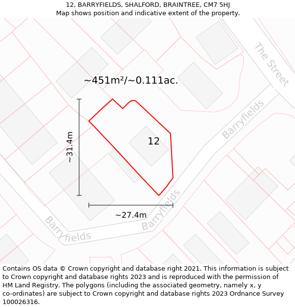 12, BARRYFIELDS, SHALFORD, BRAINTREE, CM7 5HJ: Plot and title map