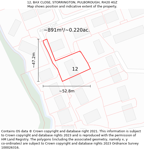 12, BAX CLOSE, STORRINGTON, PULBOROUGH, RH20 4GZ: Plot and title map