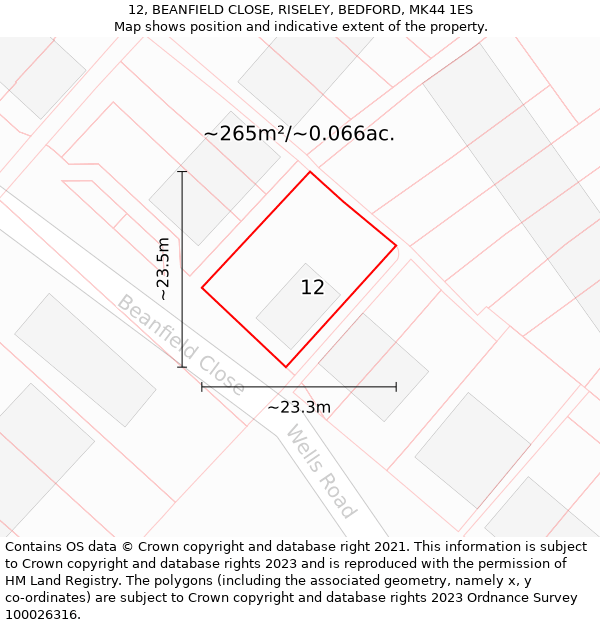 12, BEANFIELD CLOSE, RISELEY, BEDFORD, MK44 1ES: Plot and title map