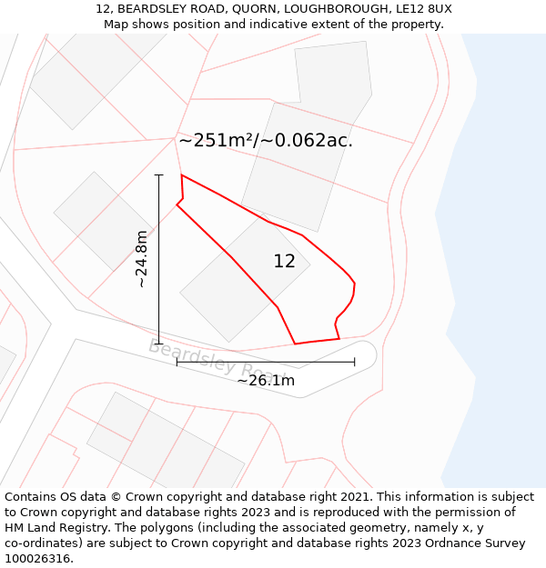 12, BEARDSLEY ROAD, QUORN, LOUGHBOROUGH, LE12 8UX: Plot and title map