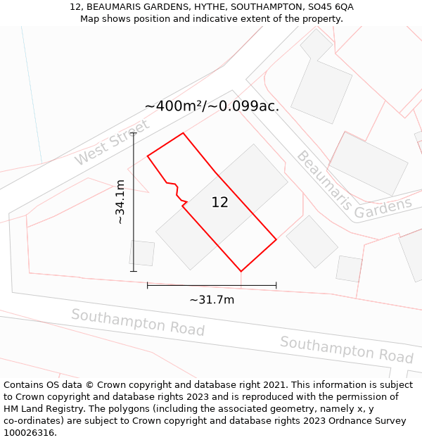 12, BEAUMARIS GARDENS, HYTHE, SOUTHAMPTON, SO45 6QA: Plot and title map