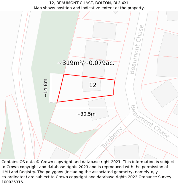 12, BEAUMONT CHASE, BOLTON, BL3 4XH: Plot and title map
