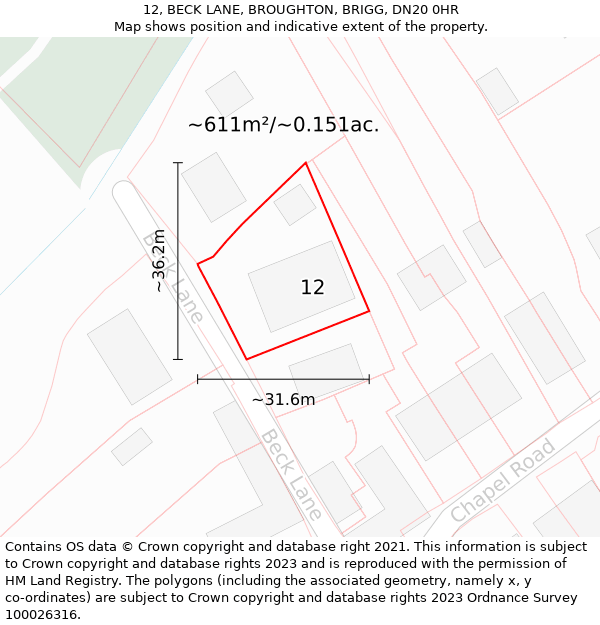 12, BECK LANE, BROUGHTON, BRIGG, DN20 0HR: Plot and title map