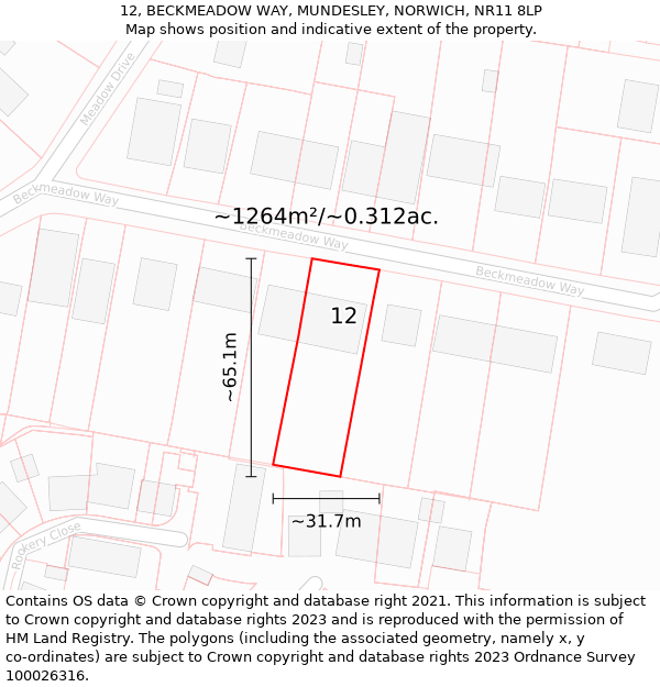 12, BECKMEADOW WAY, MUNDESLEY, NORWICH, NR11 8LP: Plot and title map