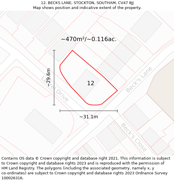 12, BECKS LANE, STOCKTON, SOUTHAM, CV47 8JJ: Plot and title map