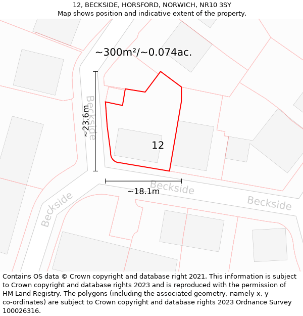 12, BECKSIDE, HORSFORD, NORWICH, NR10 3SY: Plot and title map