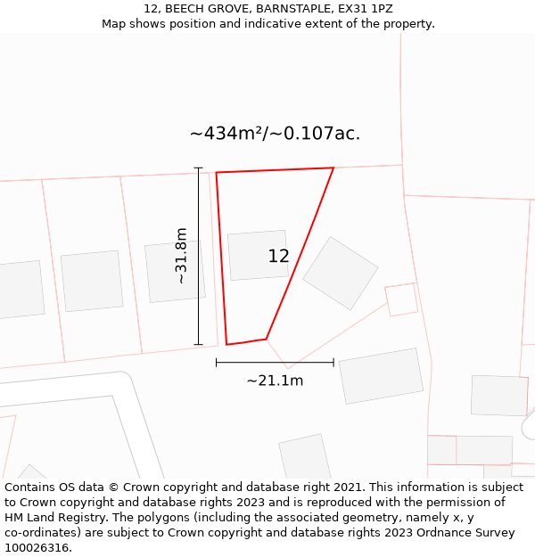 12, BEECH GROVE, BARNSTAPLE, EX31 1PZ: Plot and title map