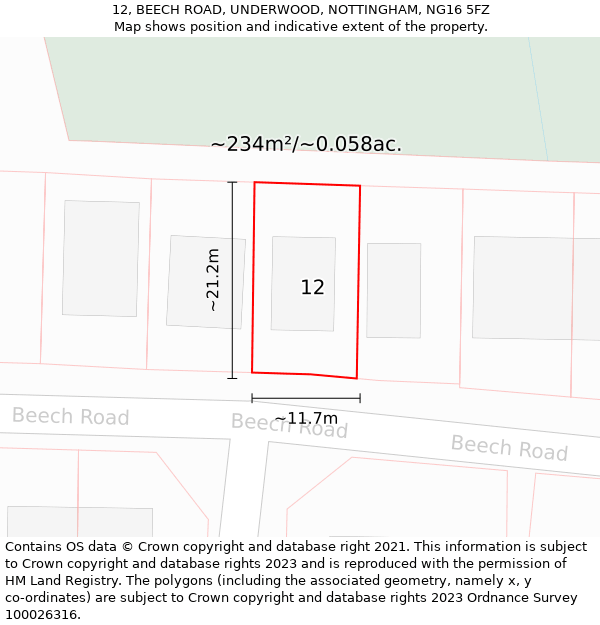 12, BEECH ROAD, UNDERWOOD, NOTTINGHAM, NG16 5FZ: Plot and title map