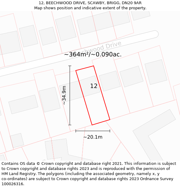 12, BEECHWOOD DRIVE, SCAWBY, BRIGG, DN20 9AR: Plot and title map