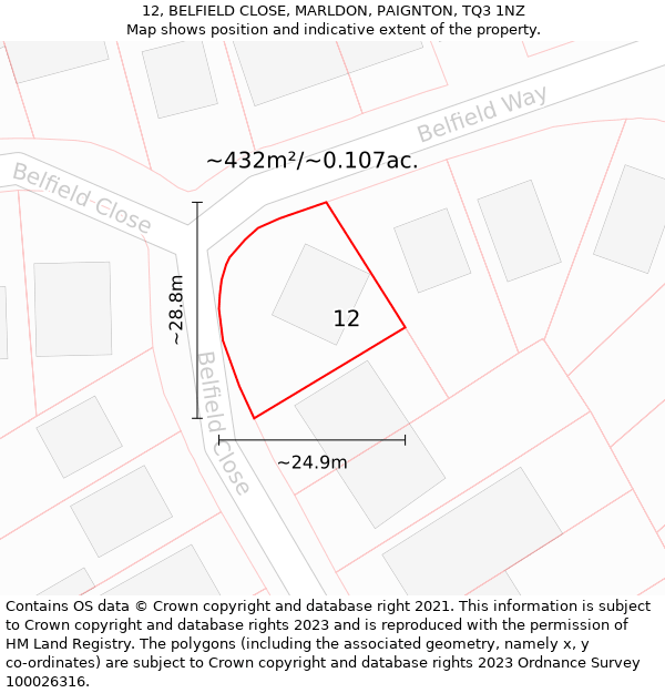 12, BELFIELD CLOSE, MARLDON, PAIGNTON, TQ3 1NZ: Plot and title map