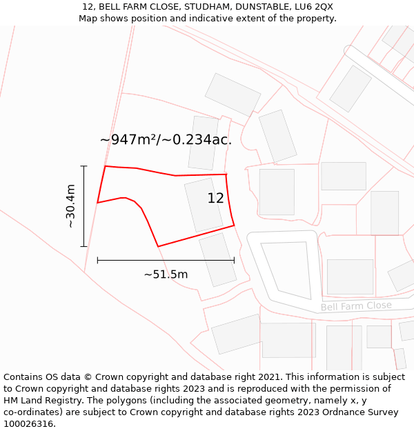 12, BELL FARM CLOSE, STUDHAM, DUNSTABLE, LU6 2QX: Plot and title map
