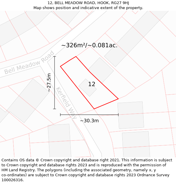 12, BELL MEADOW ROAD, HOOK, RG27 9HJ: Plot and title map