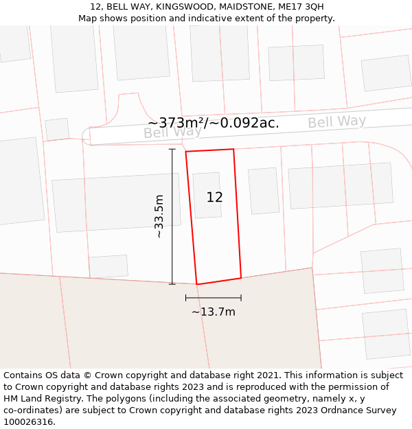 12, BELL WAY, KINGSWOOD, MAIDSTONE, ME17 3QH: Plot and title map