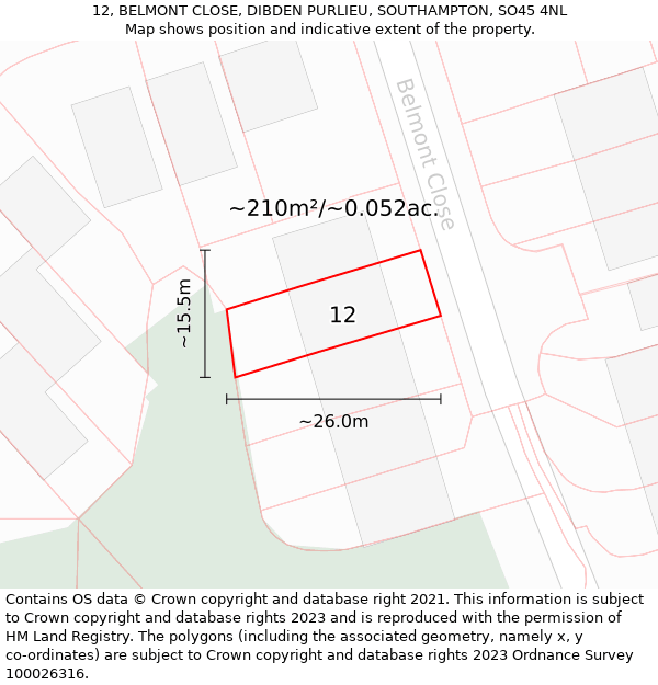 12, BELMONT CLOSE, DIBDEN PURLIEU, SOUTHAMPTON, SO45 4NL: Plot and title map