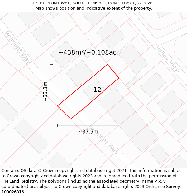 12, BELMONT WAY, SOUTH ELMSALL, PONTEFRACT, WF9 2BT: Plot and title map