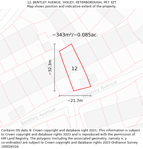 12, BENTLEY AVENUE, YAXLEY, PETERBOROUGH, PE7 3ZT: Plot and title map