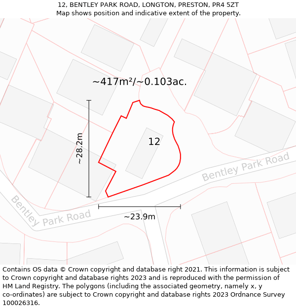 12, BENTLEY PARK ROAD, LONGTON, PRESTON, PR4 5ZT: Plot and title map