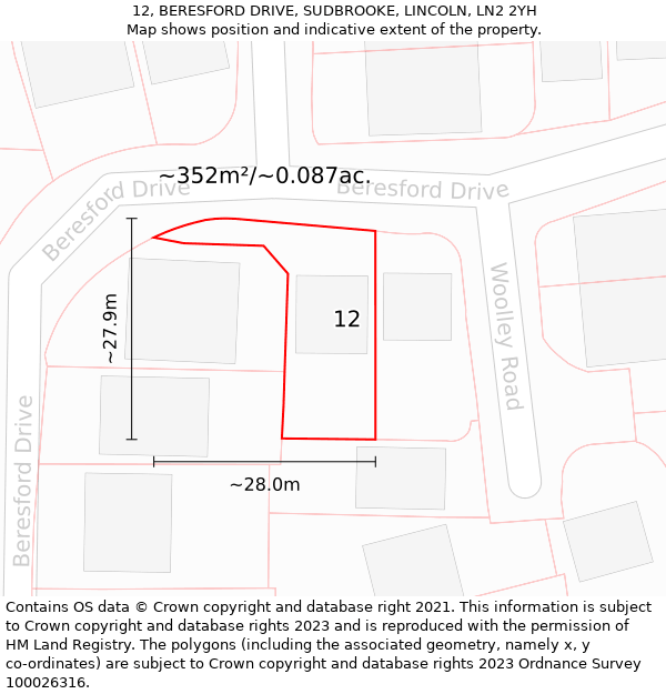 12, BERESFORD DRIVE, SUDBROOKE, LINCOLN, LN2 2YH: Plot and title map