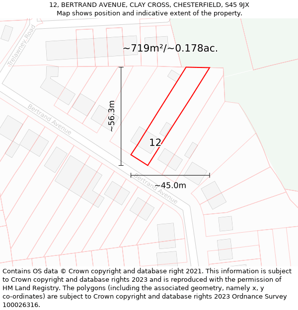 12, BERTRAND AVENUE, CLAY CROSS, CHESTERFIELD, S45 9JX: Plot and title map